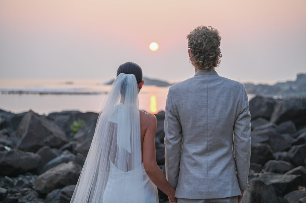 Sunset Portrait of Rebecca & Regan at Kala Bahia Romantic sunset portrait of Rebecca and Regan at Kala Bahia, a beachside wedding venue in South Goa near Palolem Beach.